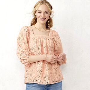 Lauren Conrad Peachy Pink  Eyelet Lace Blouse Size L